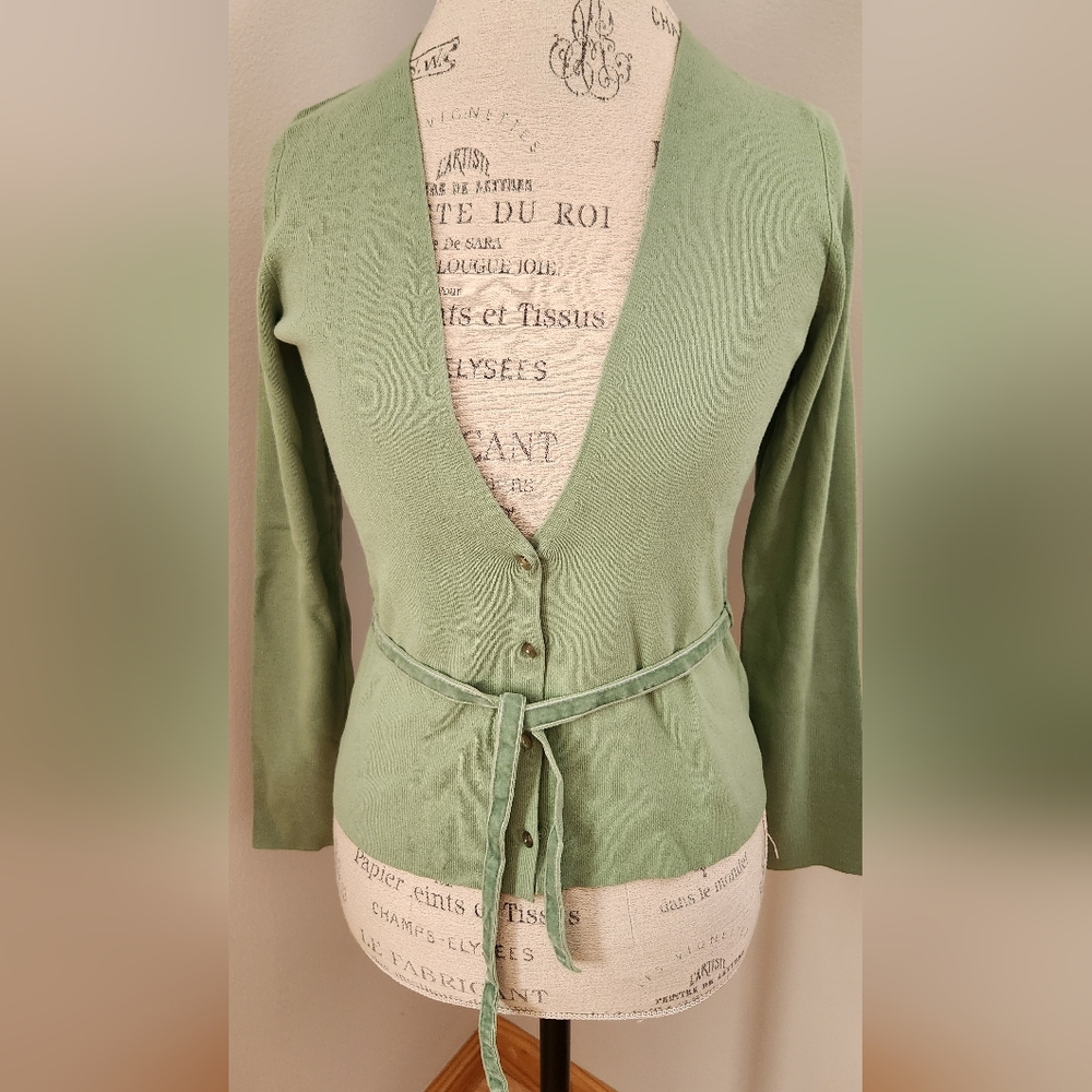 LOFT V-neck belted long sleeve green cardigan S